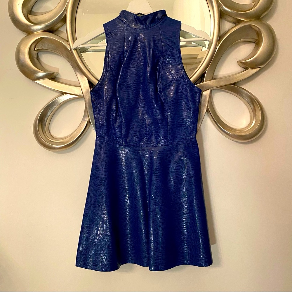 Blue Vintage Lizard Skin Vegan Leather High Neck Sleeveless Mini Dress | Small